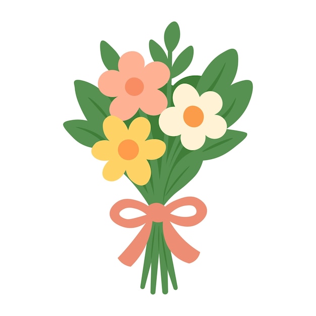 Ramo de dibujos animados con flores coloridas y cinta Ilustración de primavera plana para el diseño de tarjetas