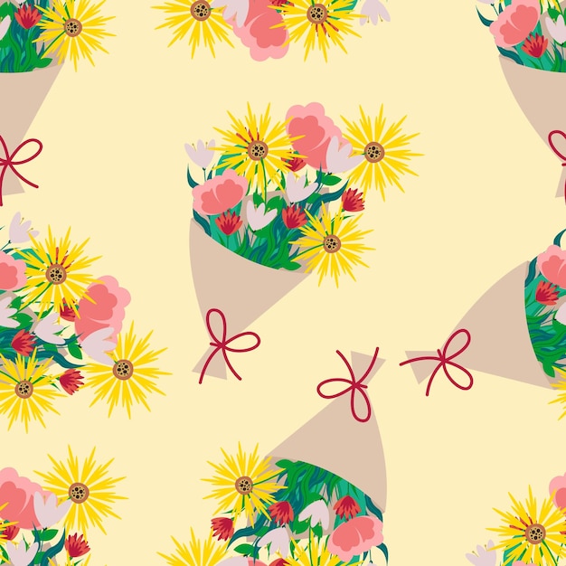 Ramo de diferentes flores de patrones sin fisuras estampado floral beige vectorial en estilo plano