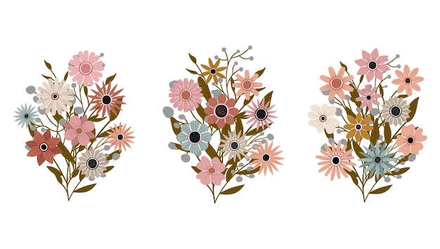 Un ramo de diferentes flores silvestres hermosas con hojas del jardín Varias plantas con flores y tallos Decoraciones de bodas saludos y regalos Los elementos están aislados y son editables