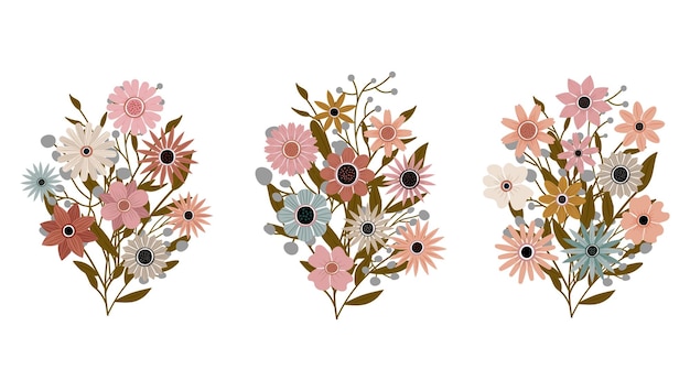 Vector un ramo de diferentes flores silvestres hermosas con hojas del jardín varias plantas con flores y tallos decoraciones de bodas saludos y regalos los elementos están aislados y son editables