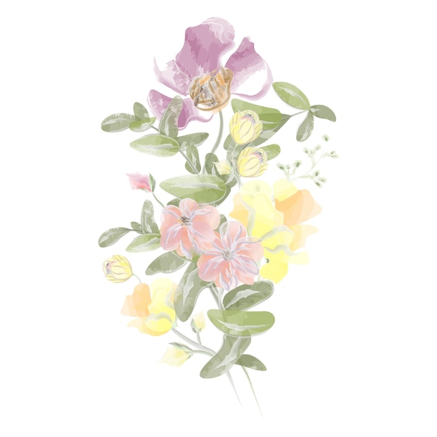 ramo de diferentes flores silvestres y hojas composición de flores vectoriales acuarela