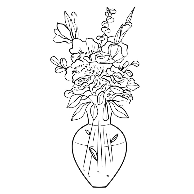 Ramo en un estilo lineal de rosa eucalipto iris lirio sketch arte moderno