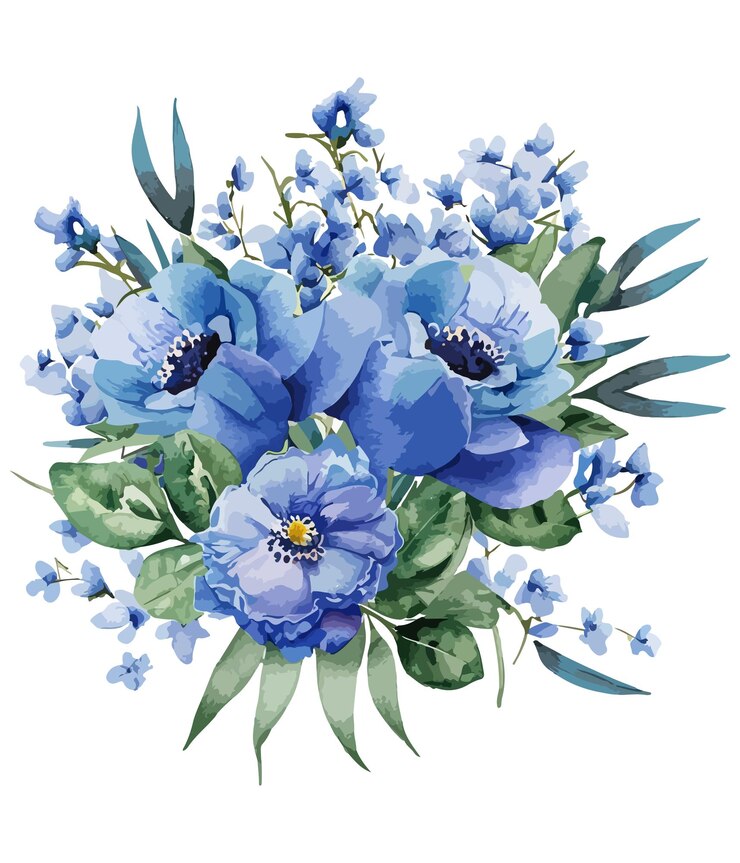 Vector ramo floral azul acuarela aislado sobre fondo blanco colección de flores acuarela
