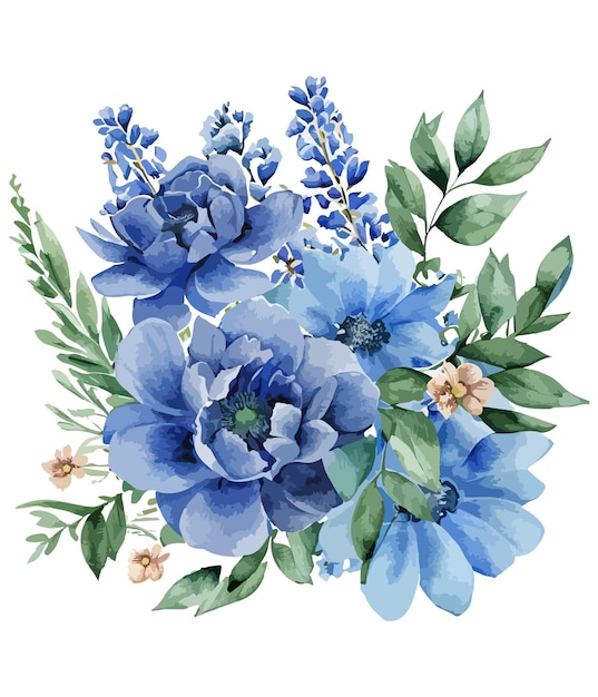 Ramo floral azul acuarela aislado sobre fondo blanco Colección de flores acuarela