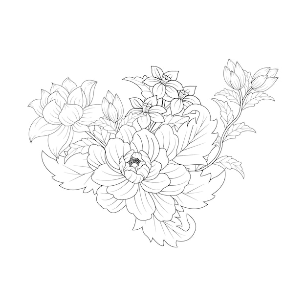 Ramo floral dibujado a mano con flores y hojas de rosa de perro y mariposa voladora aislada en diseño gráfico de ilustración de vector de fondo blanco