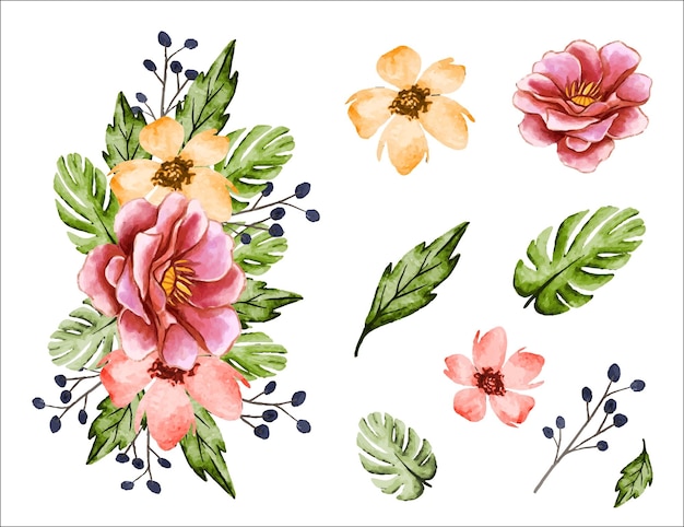 Ramo floral natural de primavera con flores y hojas aisladas en estilo acuarela