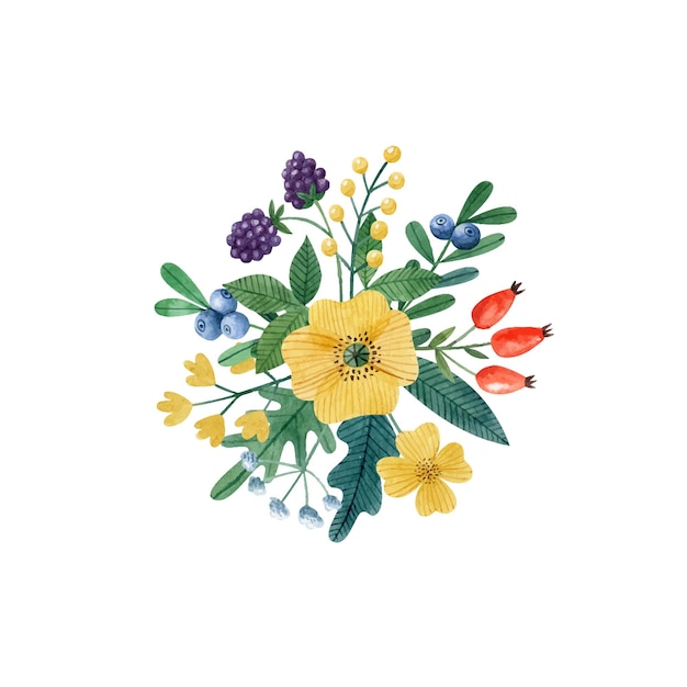 Ramo floral redondo con hojas de amapola amarilla bayas Clipart vectorial de acuarela para tarjeta de felicitación