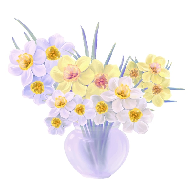 Ramo floreciente de flores de narcisos amarillos y blancos en un vector de ilustración de jarrón de vidrio