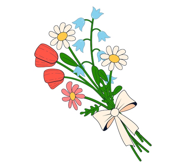 Vector ramo de flores al estilo de los dibujos animados flores silvestres de primavera tulipanes lirios de manzana