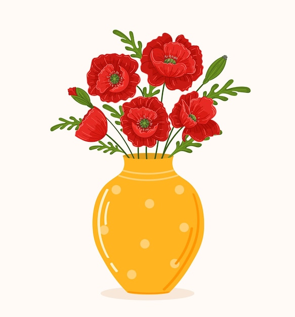 Ramo de flores de amapola de ilustración vectorial en el florero Hermosas flores de verano