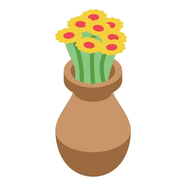 Ramo de flores amarillas de pie en un jarrón de arcilla ilustración isométrica