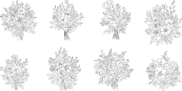 Ramo de flores, arte lineal, conjunto floral en blanco y negro, paquete de colección, follaje de rama dibujado a mano