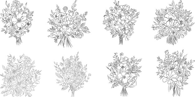 Ramo de flores, arte lineal, conjunto floral en blanco y negro, paquete de colección, follaje de rama dibujado a mano