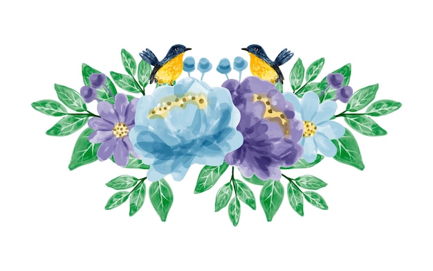 Ramo de flores azul violeta y pájaros con acuarela