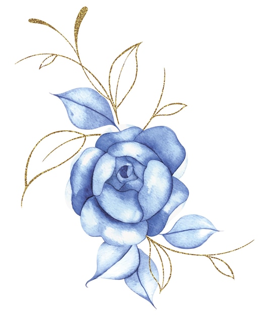 ramo de flores azules de acuarela con hojas doradas rosas azules composición vintage