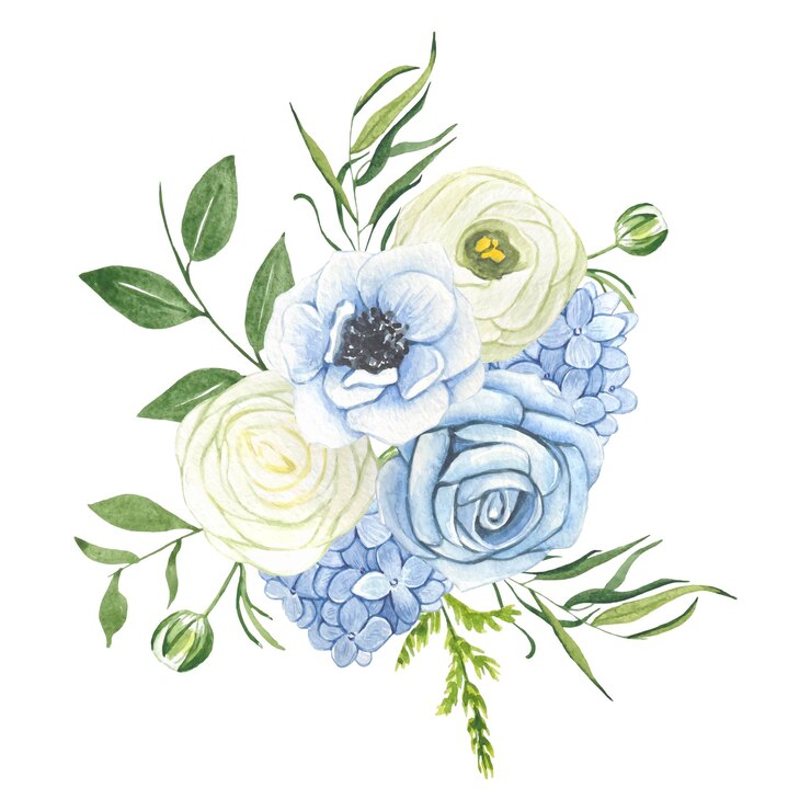 Vector ramo con flores azules y blancas y hojas verdes