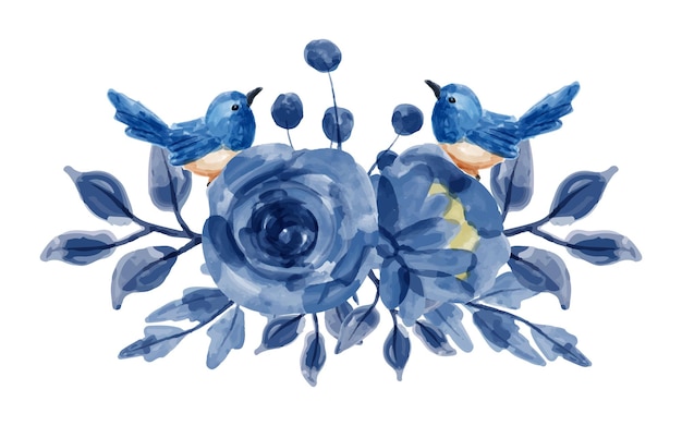 Vector ramo de flores azules y pájaros con acuarela