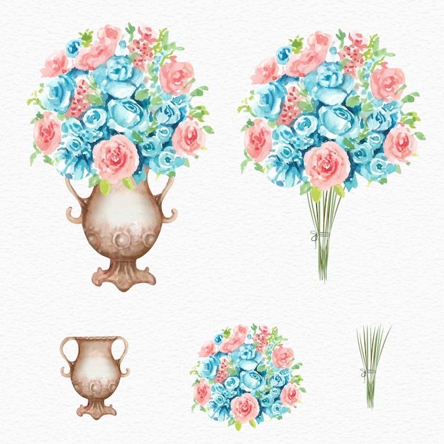 Vector ramo de flores azules y rosas con set de pintura de acuarela de maceta