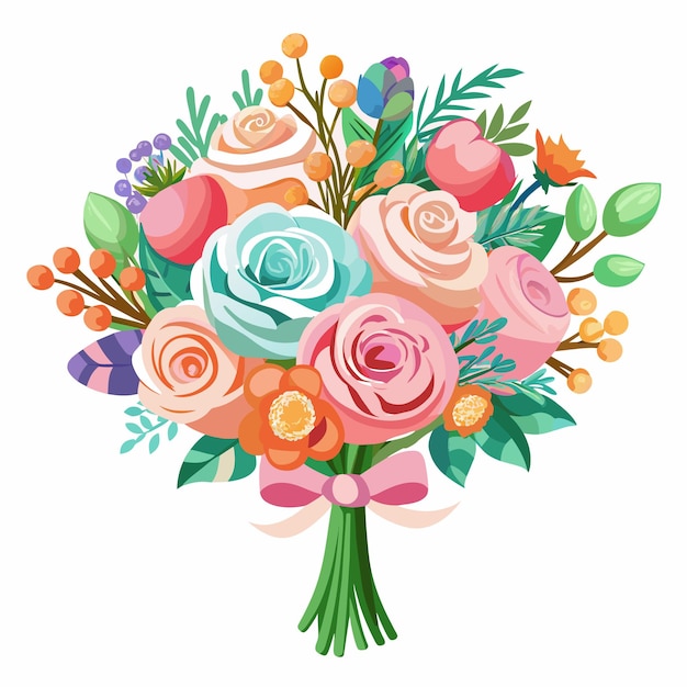 Ramo de flores de bodas con una cinta rosada las flores son de varios colores y tamaños