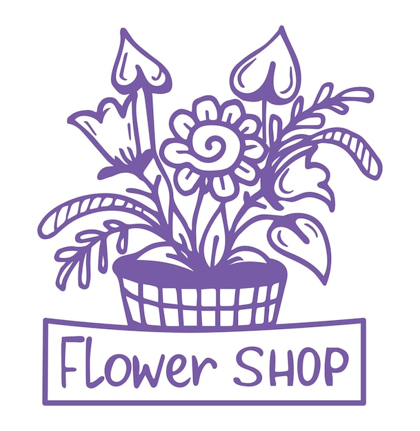 Ramo de flores canasta de la tienda de flores signo púrpura diseño blanco floral marca de negocios