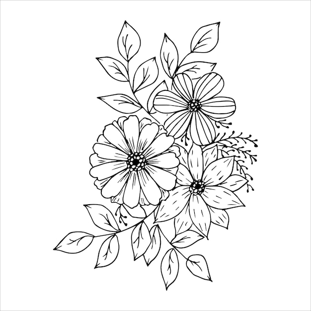 Ramo de flores dibujado a mano en estilo garabato o boceto ilustración vectorial en blanco y negro