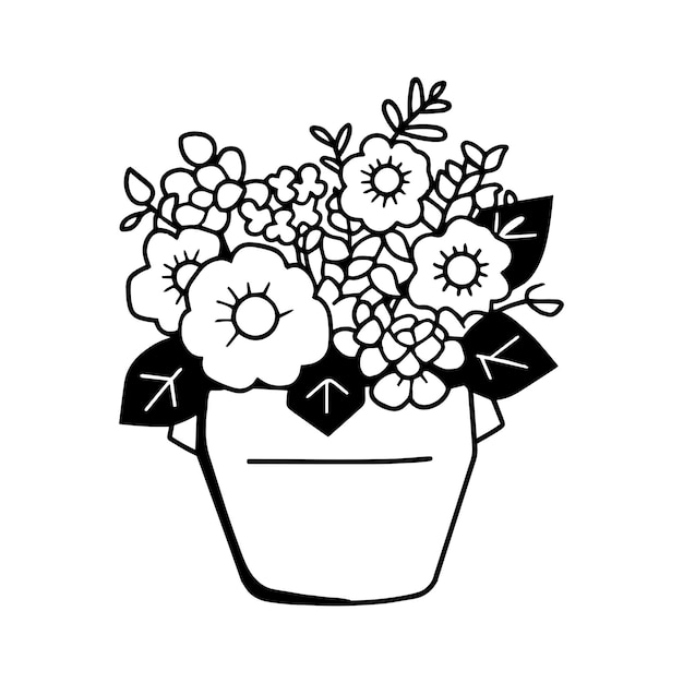 Ramo de flores dibujado a mano en una olla en estilo garabato