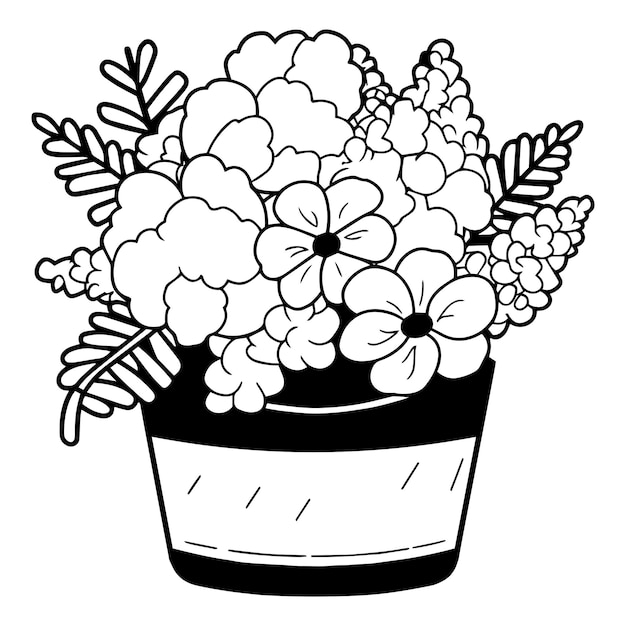 Ramo de flores dibujado a mano en una olla en estilo garabato