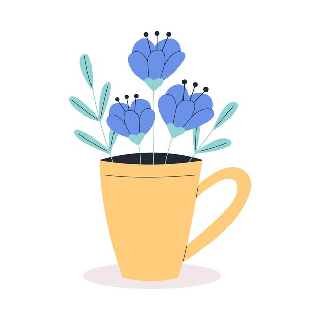 Ramo de flores dibujado a mano en taza Ilustración de vector plano aislado sobre fondo blanco