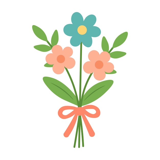 Ramo de flores de dibujos animados con cinta Ilustración de primavera plana y linda perfecta para tarjetas de vacaciones