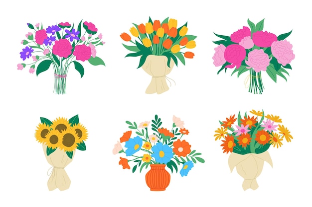 Ramo de flores de dibujos animados planos elementos de diseño aislados de girasol de campo tulipán y racimo de peonía flor de garabato de boda decorativo en papel hoja de primavera de verano regalo floral vector naturaleza llamativa