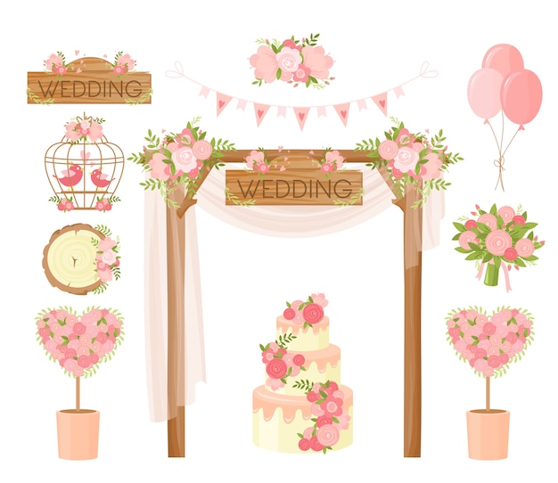 Vector ramo de flores de dibujos animados, ramo de vacaciones, arco, pastel, tarjeta de felicitación de palomas, elementos de diseño de carteles. decoración de ceremonia, matrimonio, artículos de celebración de compromiso.