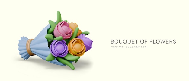 Ramo de flores en estilo realista Arreglo floral fresco en envoltura de papel