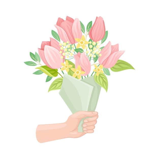 Ramo de flores en flor con tulipanes en papel de artesanía agarrado en el vector de la mano