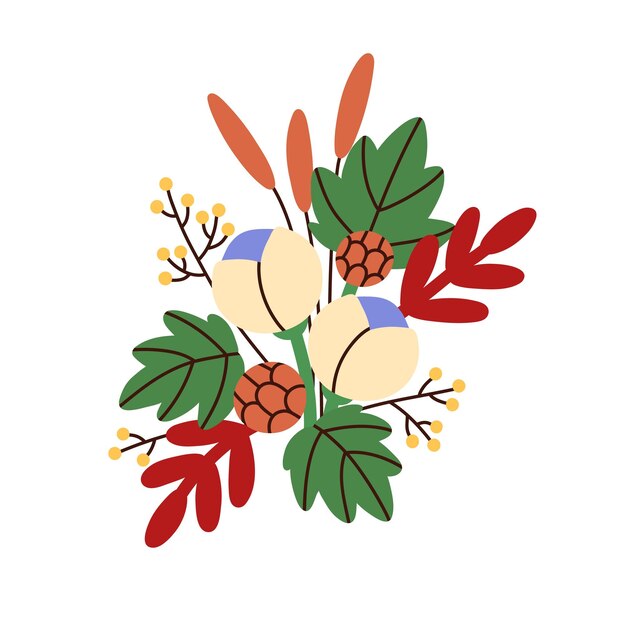 Ramo de flores con flores cortadas y hojas. Regalo floral de primavera con plantas florecidas. Magnífico grupo romántico. Ilustración de vector plano coloreado de ramillete llamativo moderno aislado sobre fondo blanco