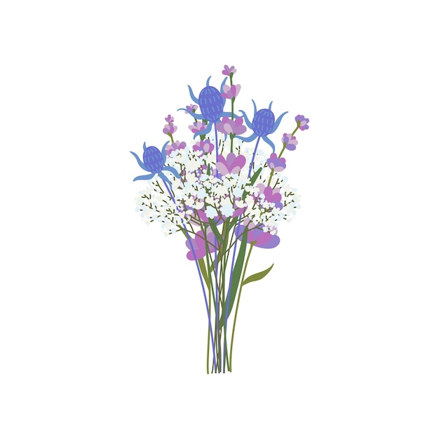 Un ramo de flores con flores moradas y blancas Lavander y gypsophila