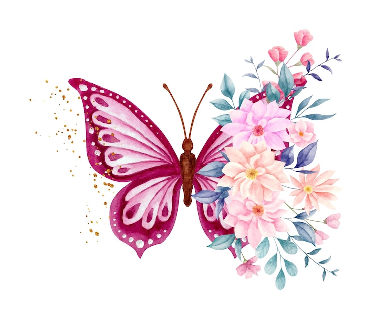 Vector ramo de flores y hojas de primavera acuarela con hermosa mariposa