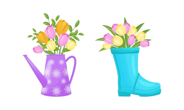 Ramo de flores de jardín descansadas en una lata de riego y un conjunto vectorial de botas