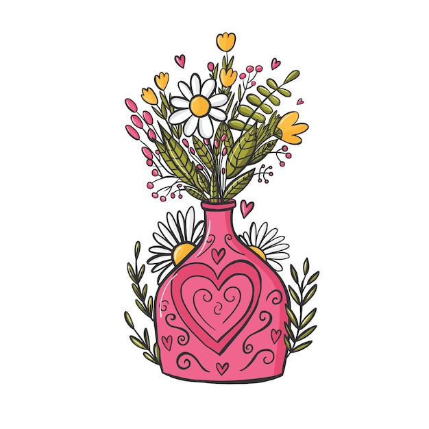 Vector ramo de flores en un jarrón rosa. dibujado a mano, estilo doodle