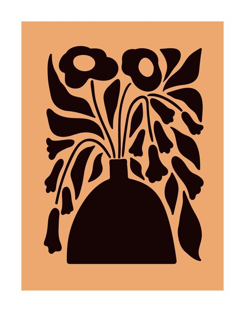 Ramo de flores en jarrón tarjeta botánica abstracta cartel floral en estilo moderno diseño de fondo de tarjeta postal de arte de pared natural con flores de primavera hojas sombra silueta ilustración vectorial plana