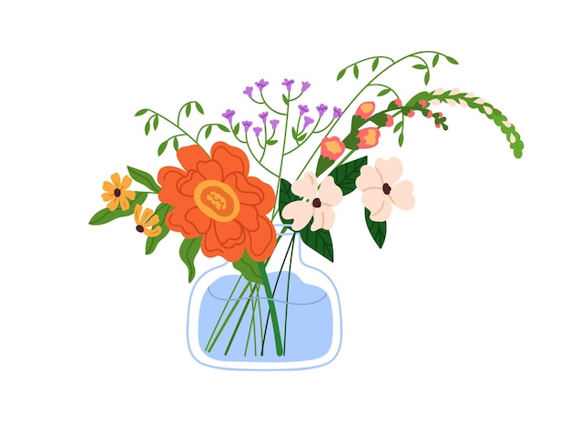 Ramo de flores en jarrón de vidrio Flores de campo mixtas, flores y ramas suaves, arreglos de flores silvestres, decoración delicada, flores de prado de verano, vector plano aislado sobre fondo blanco.