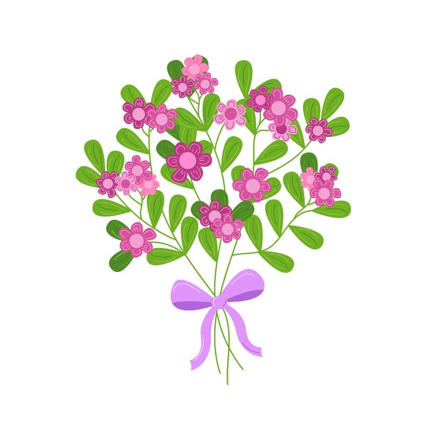 Ramo de flores con lazo Flores lindas dibujadas a mano rosadas simples con hojas Ramo elegante aislado