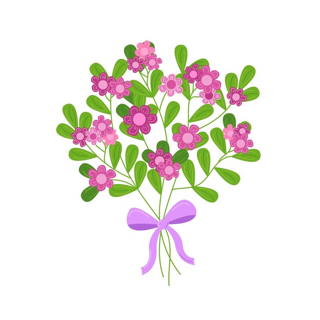 Vector ramo de flores con lazo flores lindas dibujadas a mano rosadas simples con hojas ramo elegante aislado