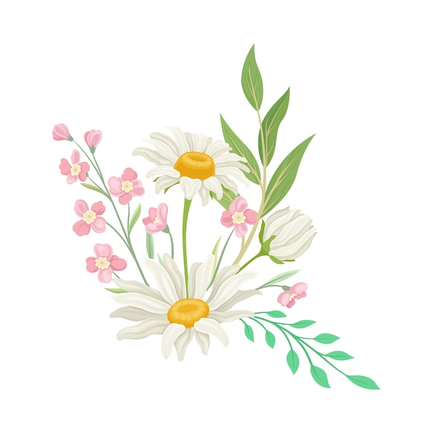 Ramo de flores de margarita Composición vectorial Decoración floral natural Concepto de planta de prado