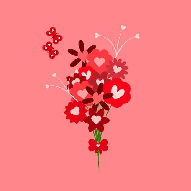 Ramo de flores con mariposas atadas con lazo en forma de corazón Amor icono plano