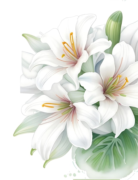 Vector un ramo de flores mixtas de acuarela de lirios sobre un fondo blanco con patrones de acuarela sin costuras