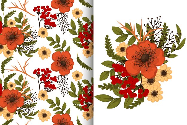 Ramo de flores con patrones sin fisuras Conjunto de fondo floral