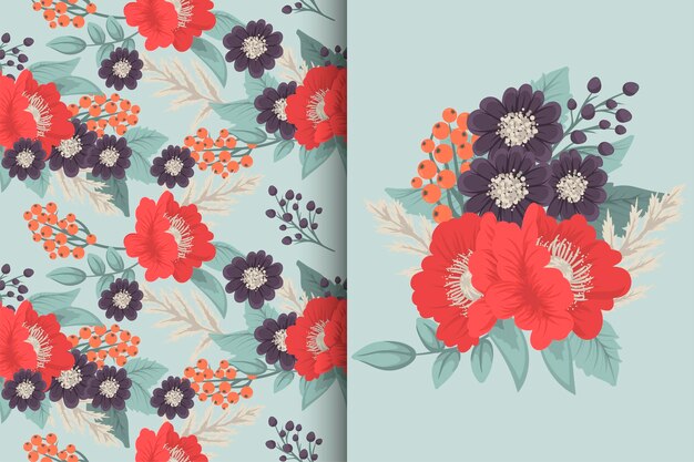 Ramo de flores con patrones sin fisuras Conjunto de fondo floral