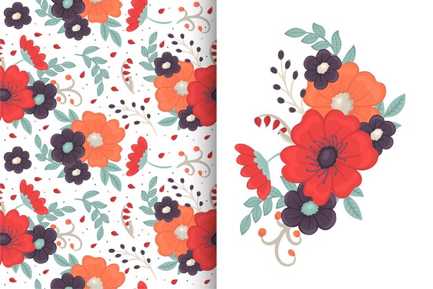 Ramo de flores con patrones sin fisuras Conjunto de fondo floral