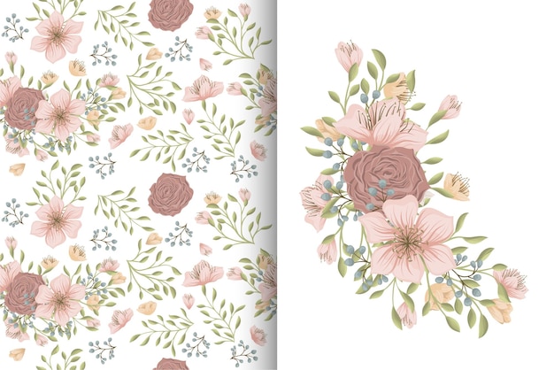 Ramo de flores con patrones sin fisuras. Conjunto de fondo floral