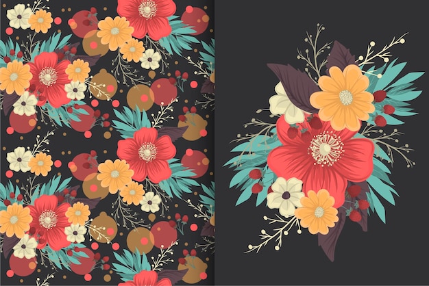 Ramo de flores con patrones sin fisuras Conjunto de fondo floral